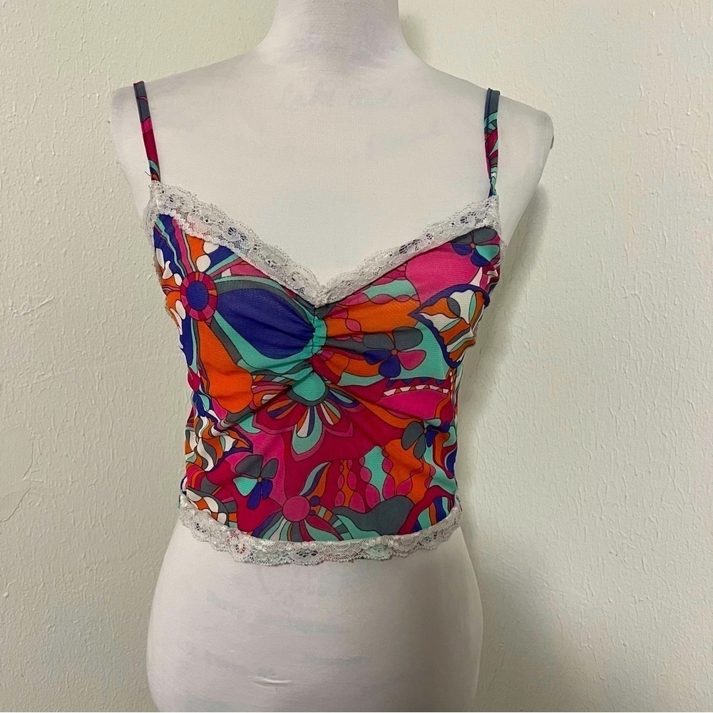 Timing Large Spaghetti Strap Camisole Boho Geometric Print Lace Trim Crop Top